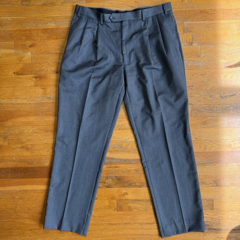 Jos A Bank Wool Executive Dress Pants Mens 38R 38x32 Herringbone Gray Pleated